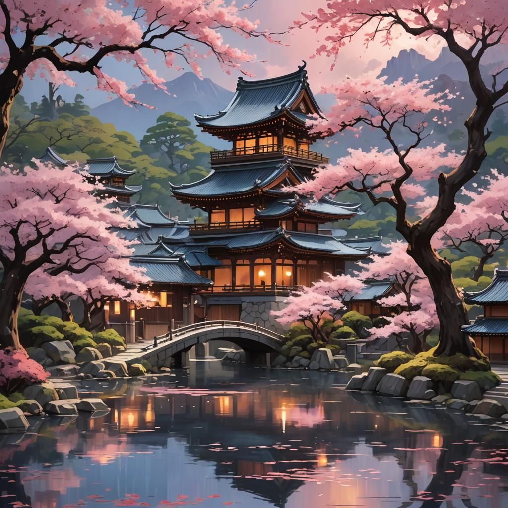 Burning Japanese Temple Amidst Sakura Blossoms