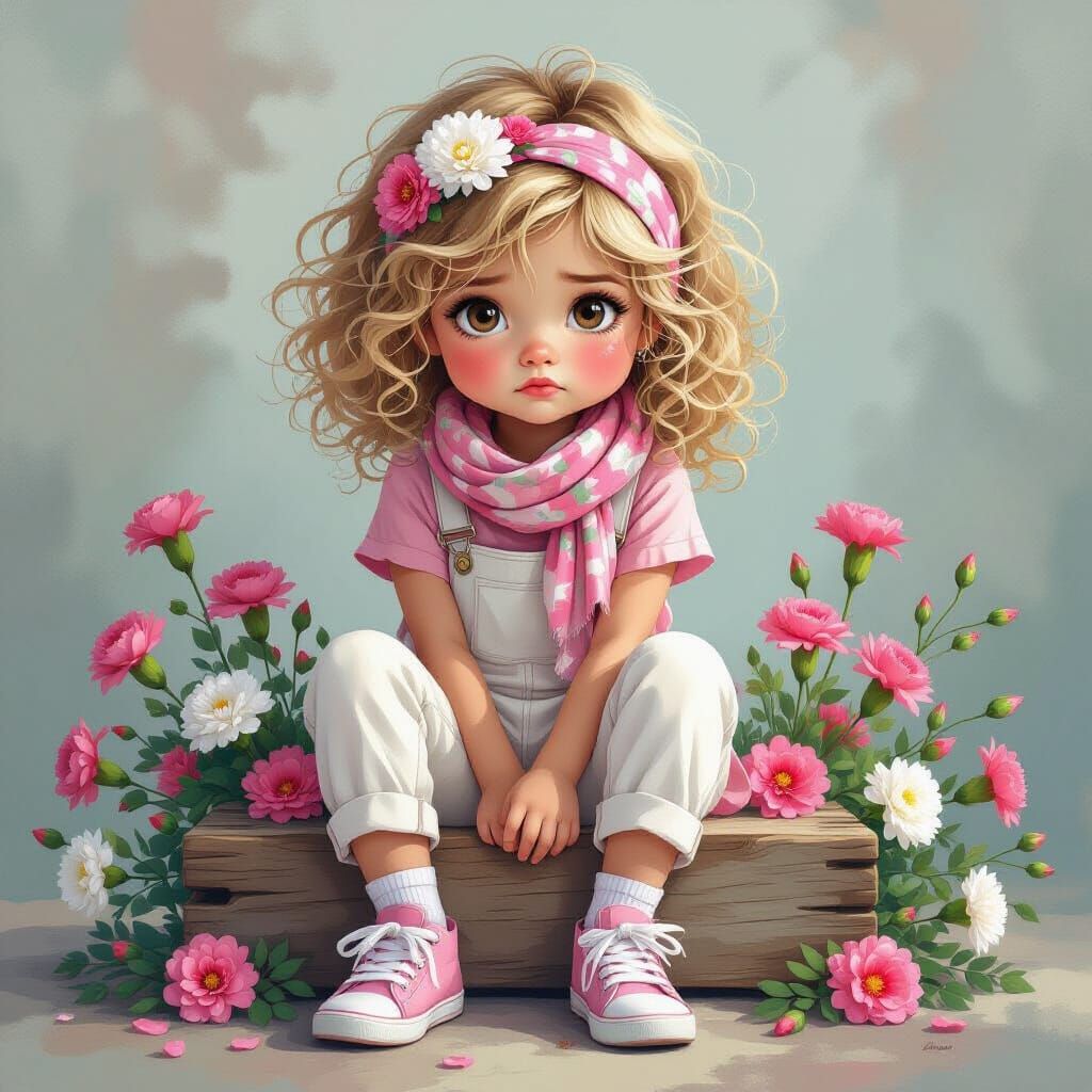 a whimsical image of a young female child, excessively, curly blonde hair with a scarf head band, with small pink and wh...