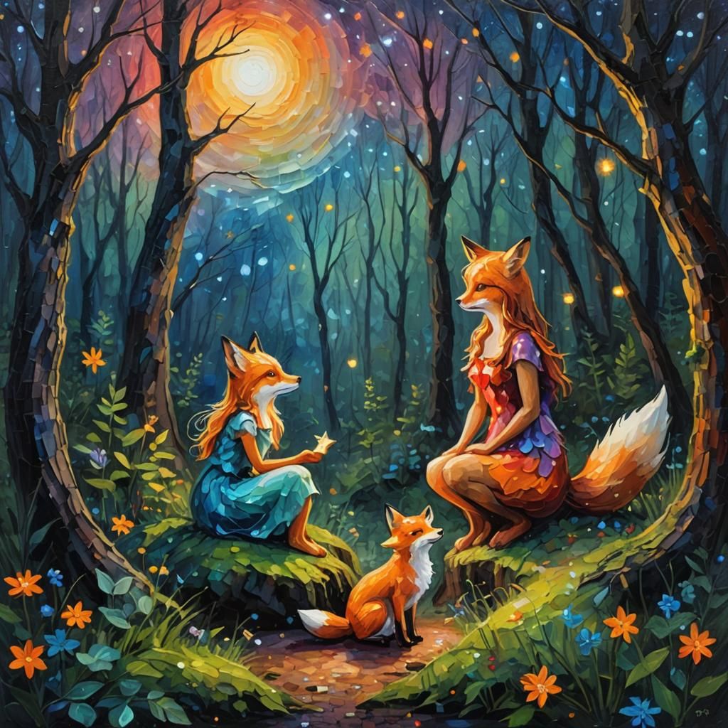 Fairy and Fox in Forest, Impasto Oil Painting