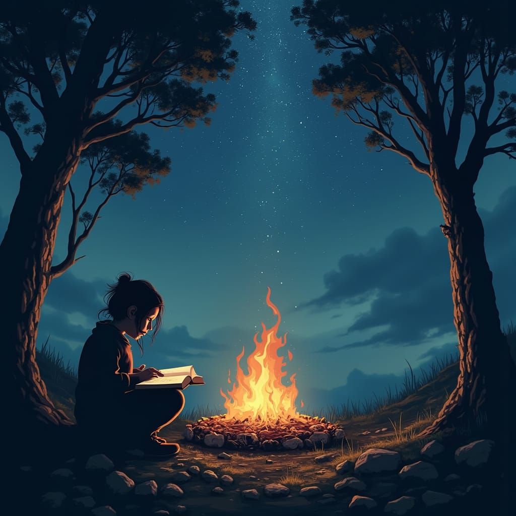 Epic Nighttime Scene with Silhouetted Figure and Glowing Boo...