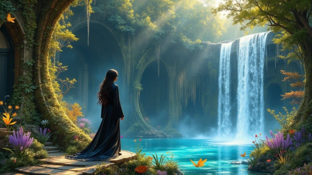 Enchanted Forest Waterfall with Luminous Flora