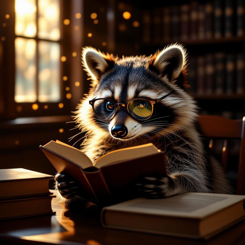 Photorealistic Raccoon Reads Book in Library
