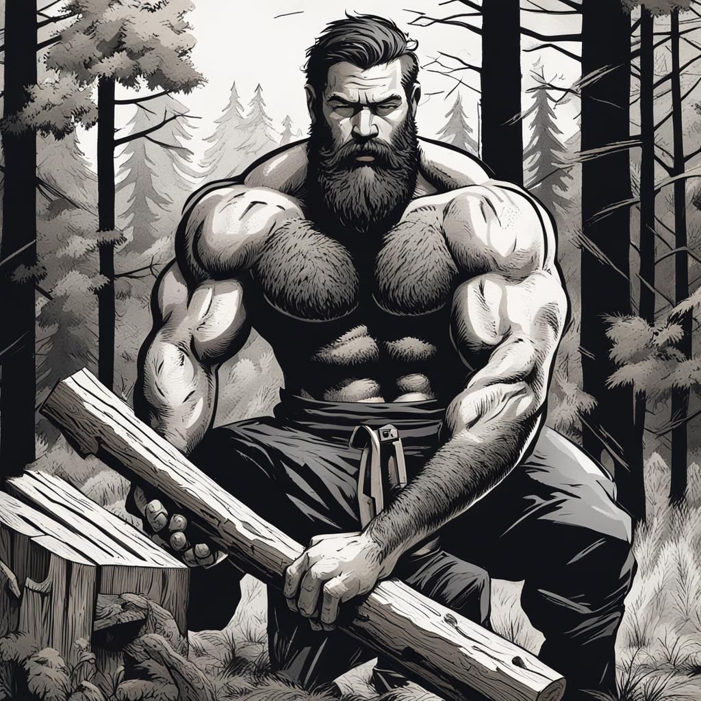 Muscular Bearded Man Chopping Wood in Forest