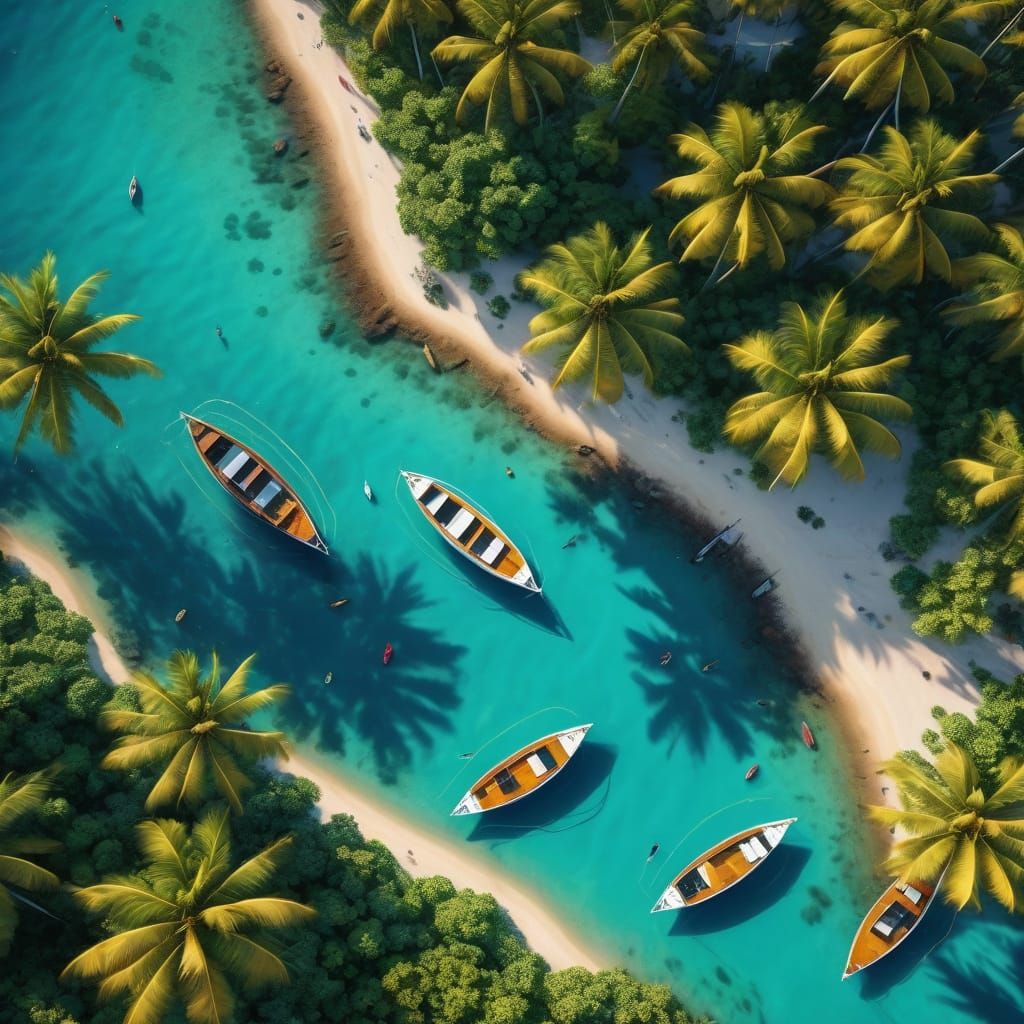 Aerial View: Boats in Bay in Tropical Art Style