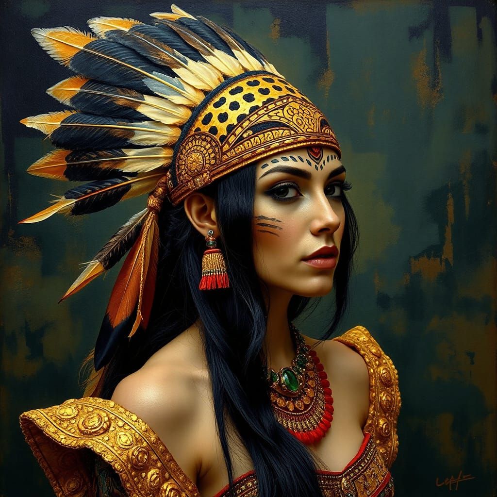 Mayan Goddess with Jaguar Headdress in Impasto Style