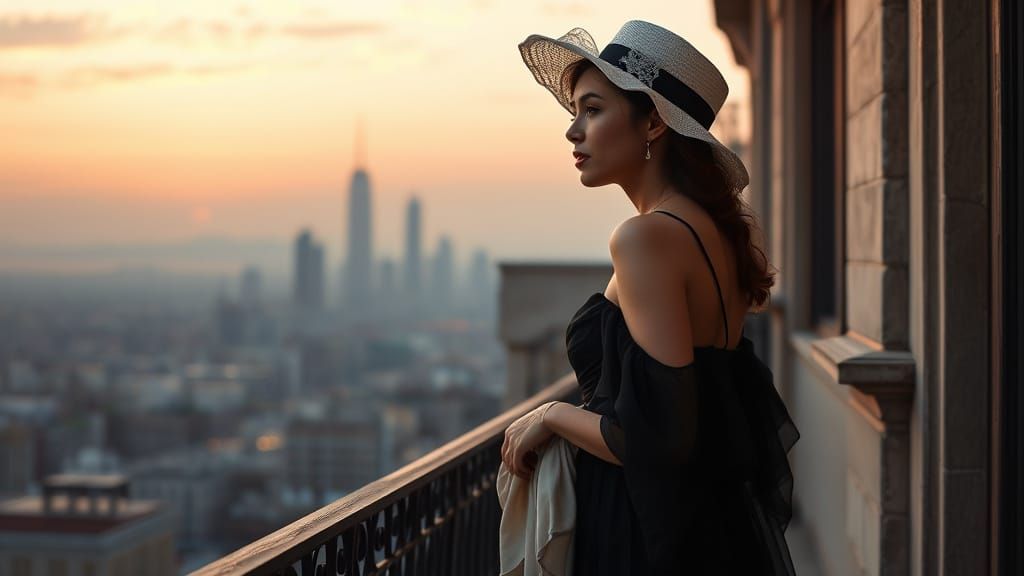 Elegant Woman Contemplates Cityscape Under Dusky Skies