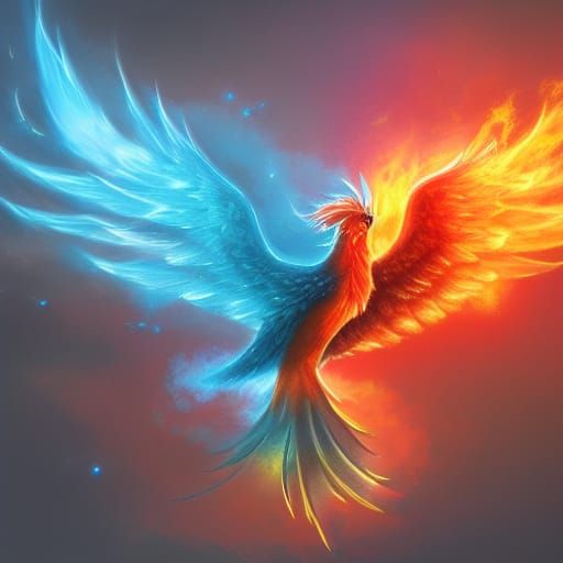 Detailed Fire Phoenix Illustration in Orange and Teal