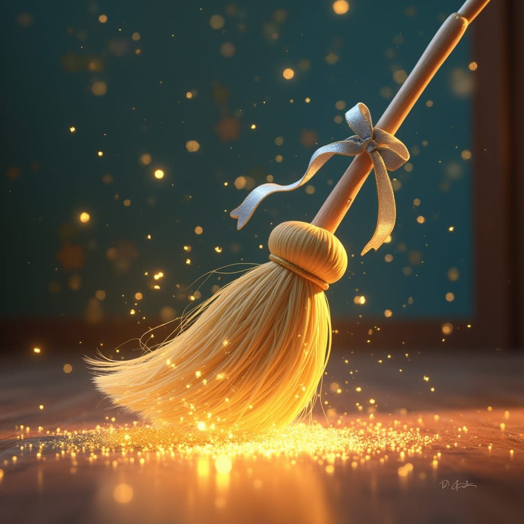 Whimsical Broom Sweeps Glowing Stardust in Storybook Style