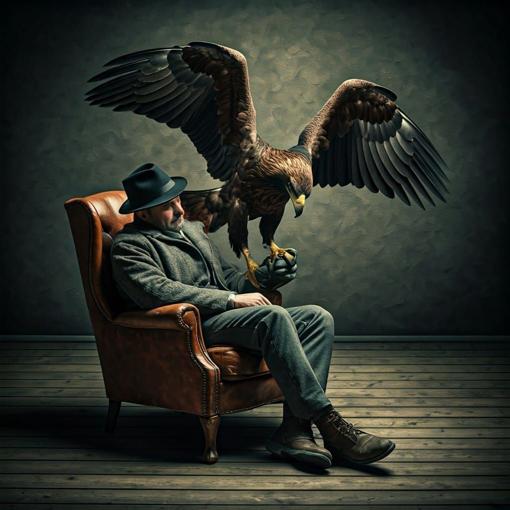 Man in Black Fedora Embraced by Majestic Eagle in Rich Europ...