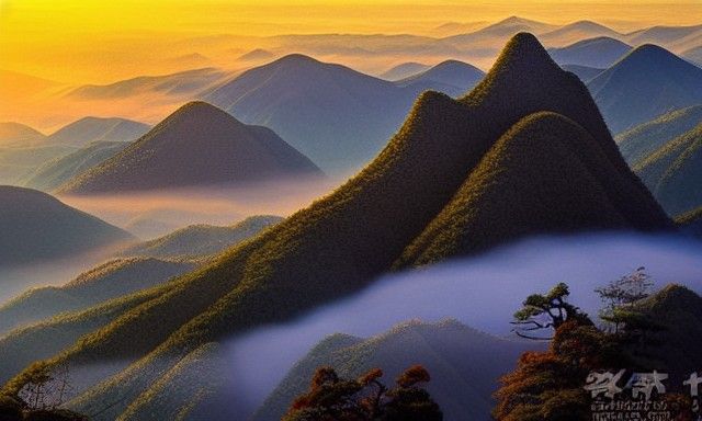 Japanese Matte Painting: Sunrise Over Mountainous Landscape