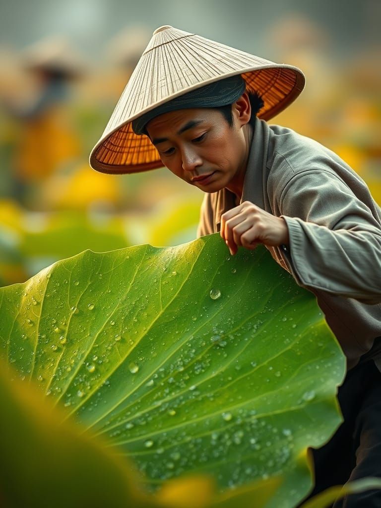 Autumnal Macro Scene with Asian Farmer