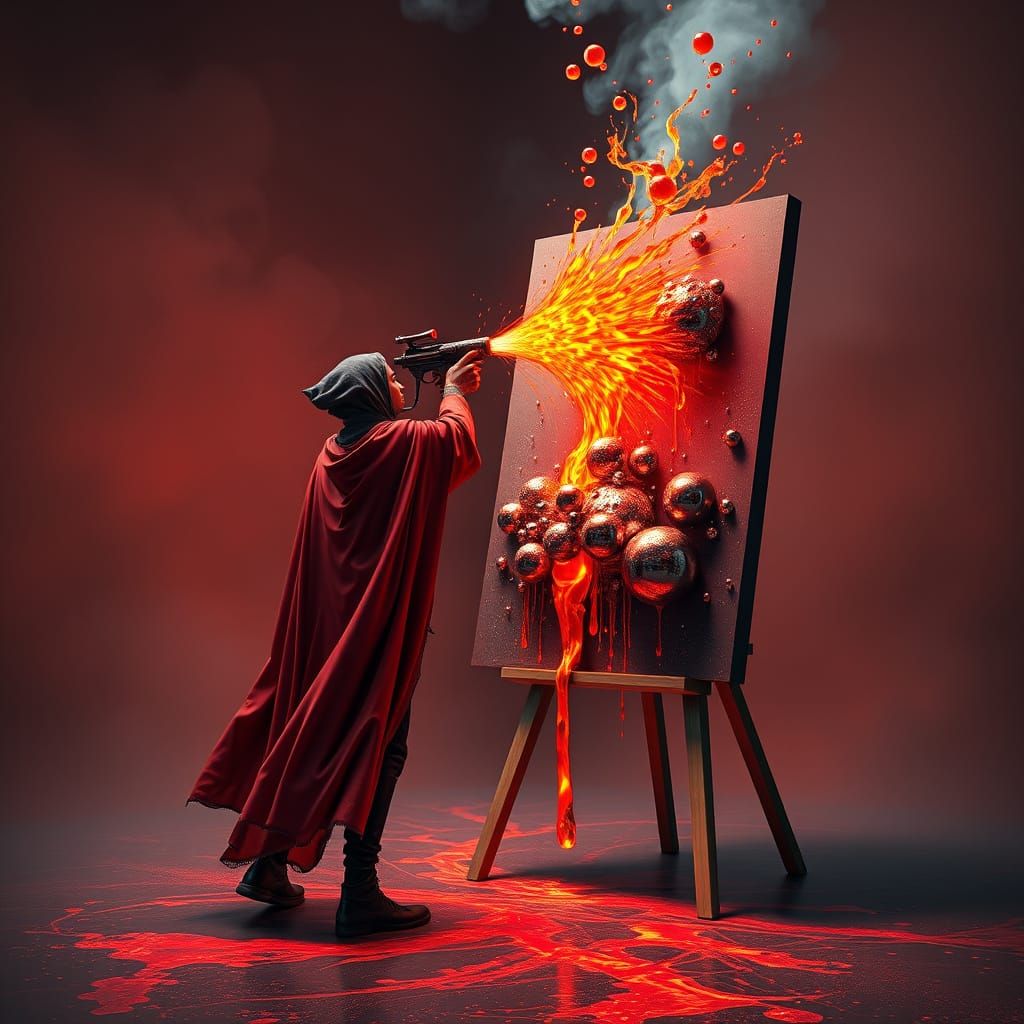 Fantastical Artist in Crimson Cloak Creates Dreamlike Lava M...