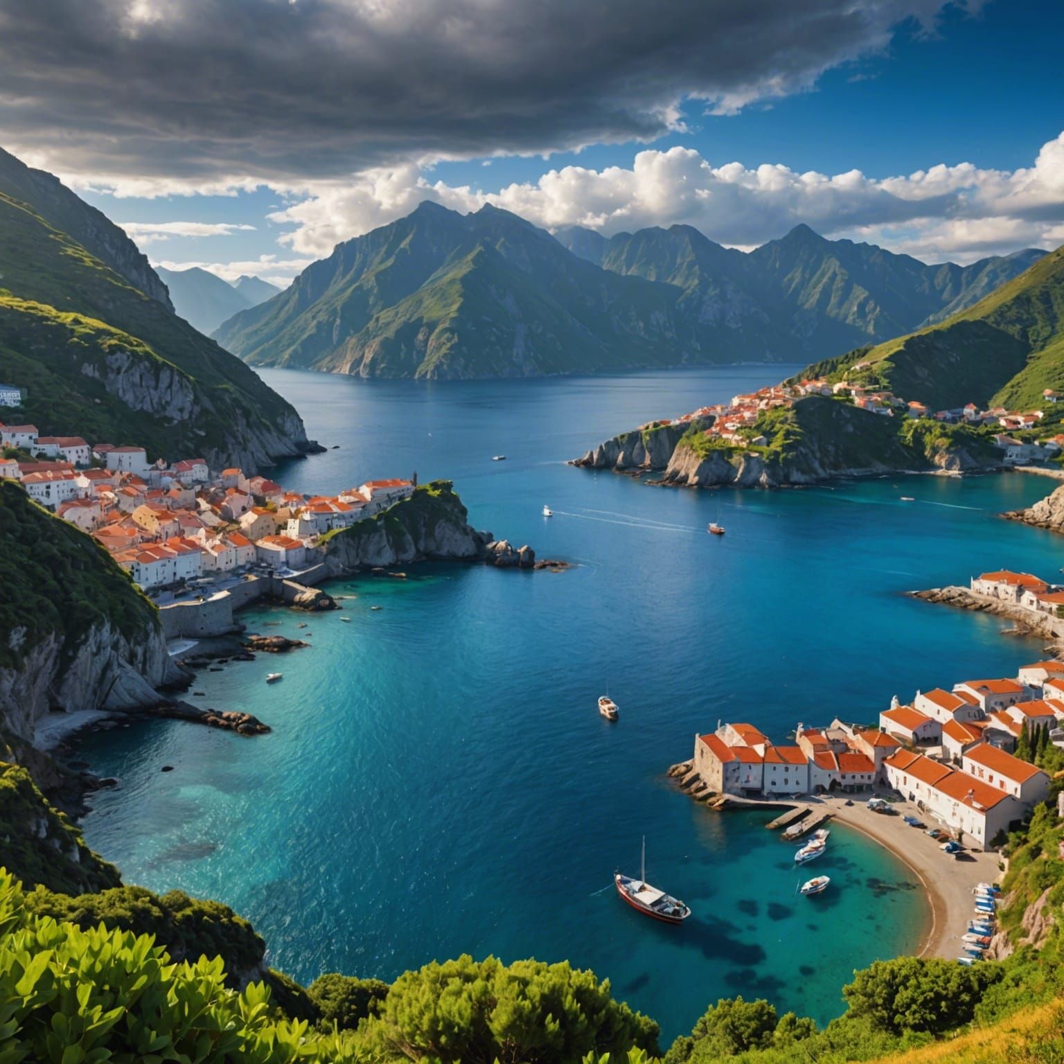 Picturesque Coastal Village with Jagged Mountains