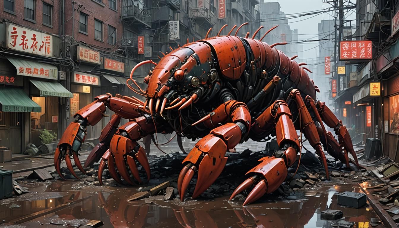 Colossal Mechanical Lobster Havoc in Post-Apocalyptic City