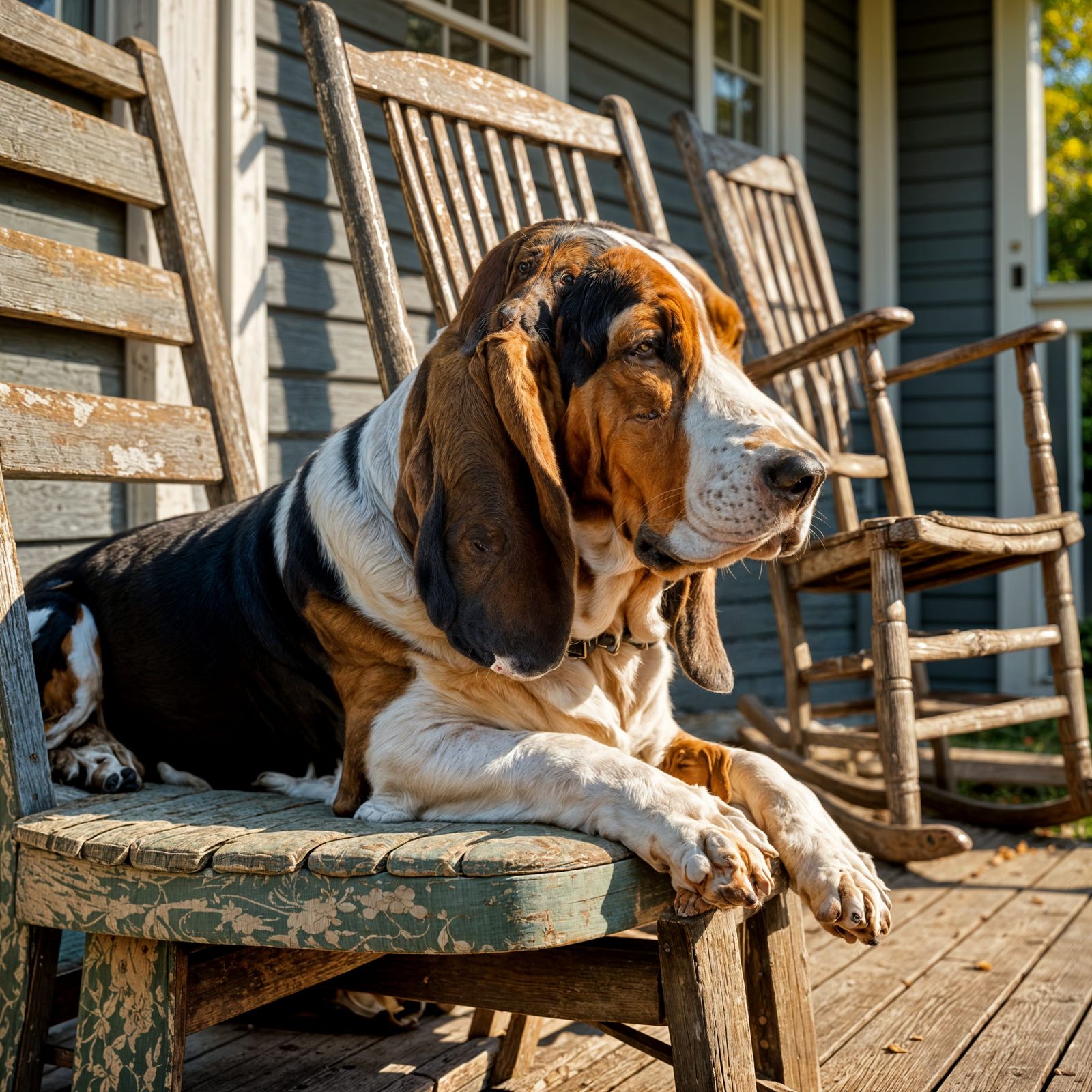 Basset Hound Napping on Vintage Porch in Sunny Impressionist...