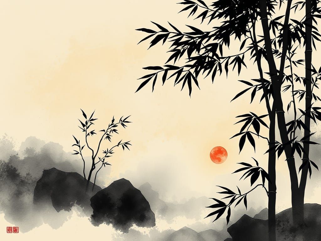 Misty Zen Garden with Bamboo in Sumi-e Style