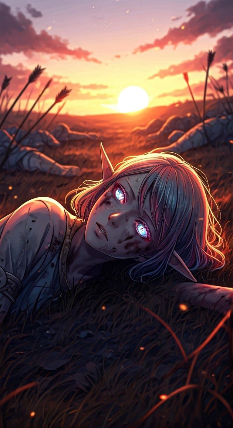 Elegant Elf Warrior Defies Defeat Amidst Battleground Ruins