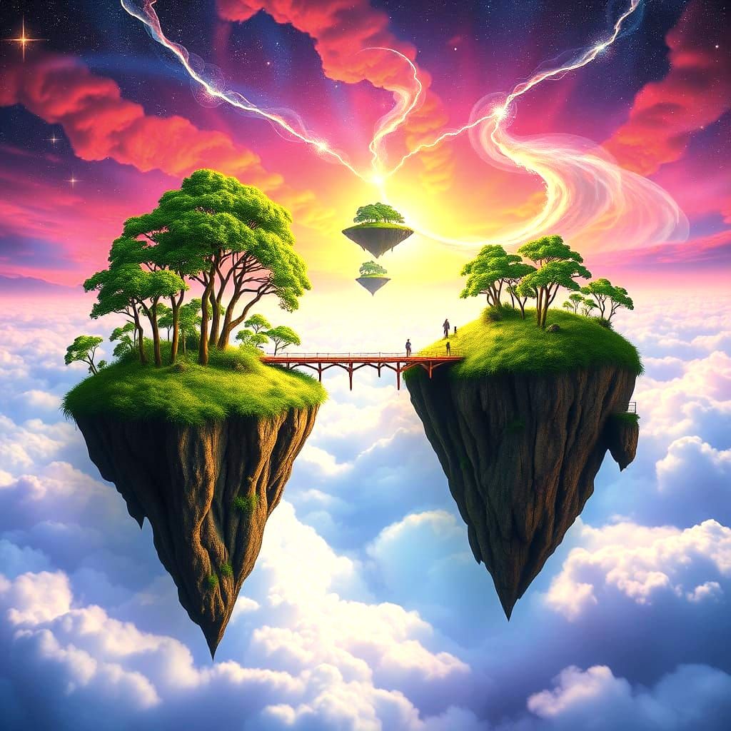 Floating Islands Connected by Jewel Bridge in Cosmic Expanse