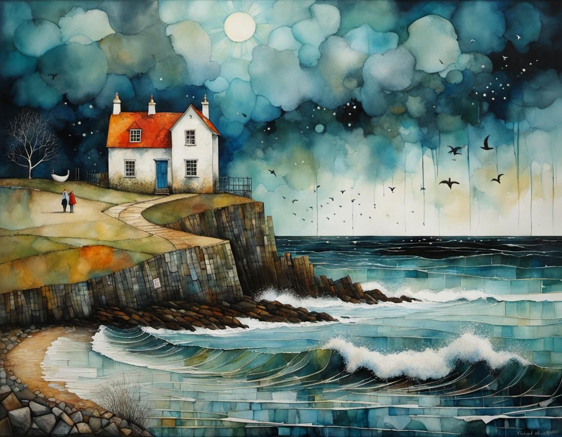 Whimsical Shore Scene in Cubist Style