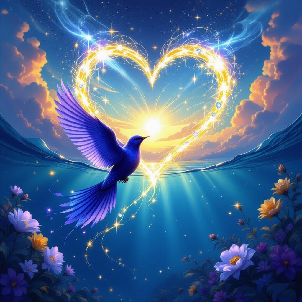 Violet Bird Ascends with Golden Thread