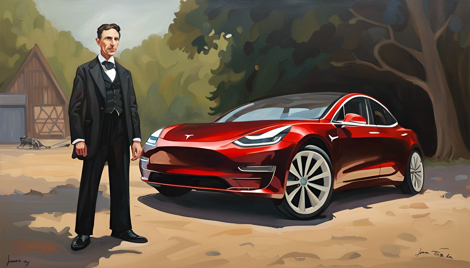 Tesla Through Time: Historical Figure Meets Modern Car