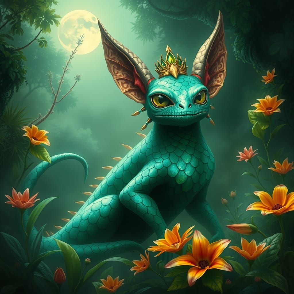 Majestic Mesoamerican Mythical Creature in Iridescent Turquo...