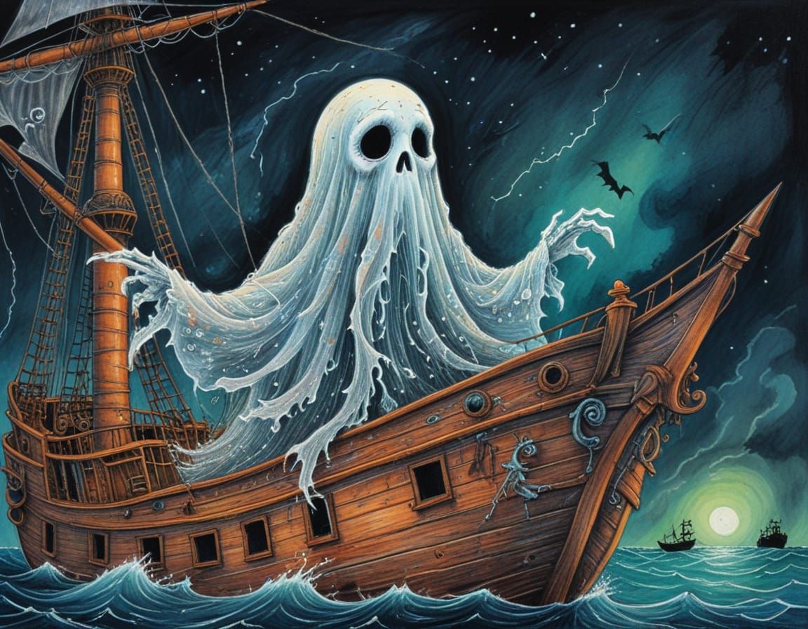 Spectral Pirate Ship Captain in a Hand-Drawn Horror Scene