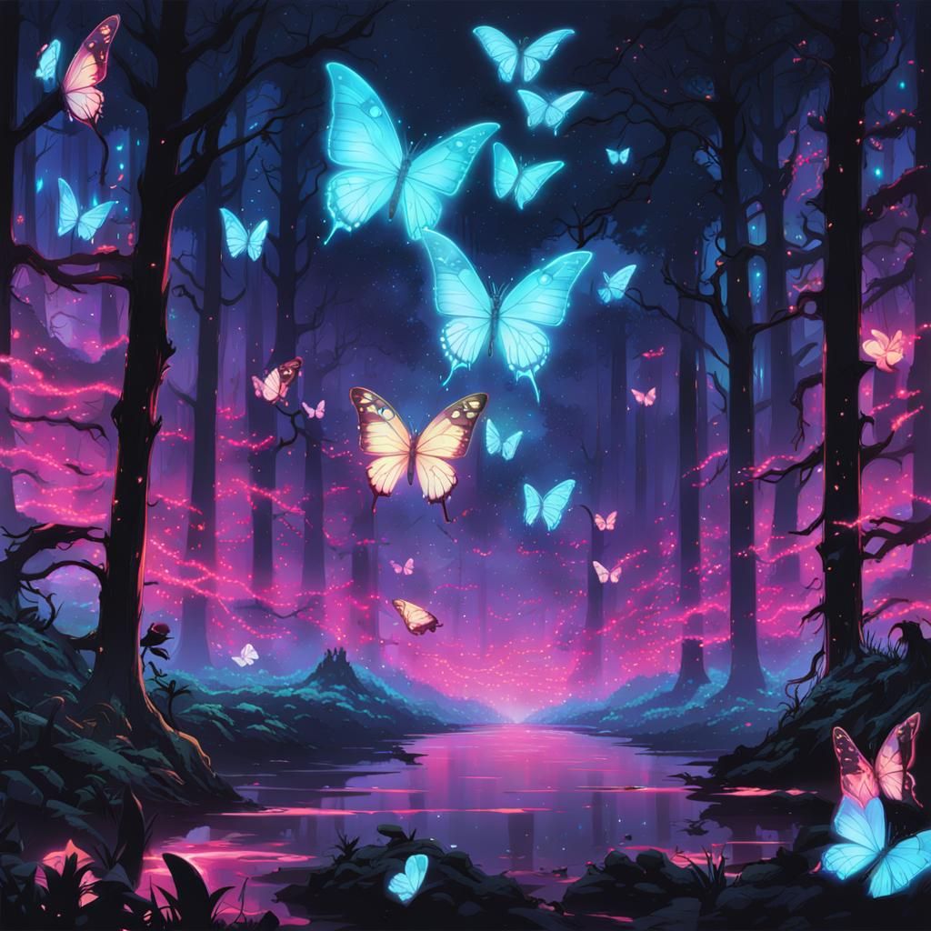 Bioluminescent Butterflies in Neon Forest, 80s Anime Style
