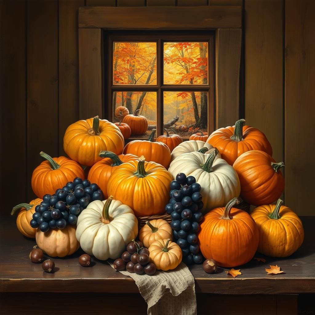 Autumn Pumpkins Still Life in Rich Oil Colors