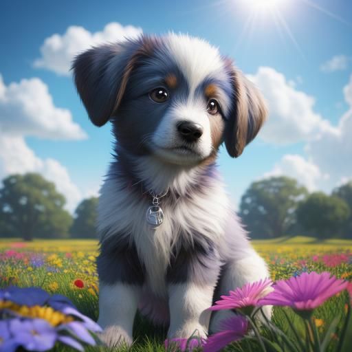 Cute Puppy in Flower Field: 3D Digital Art
