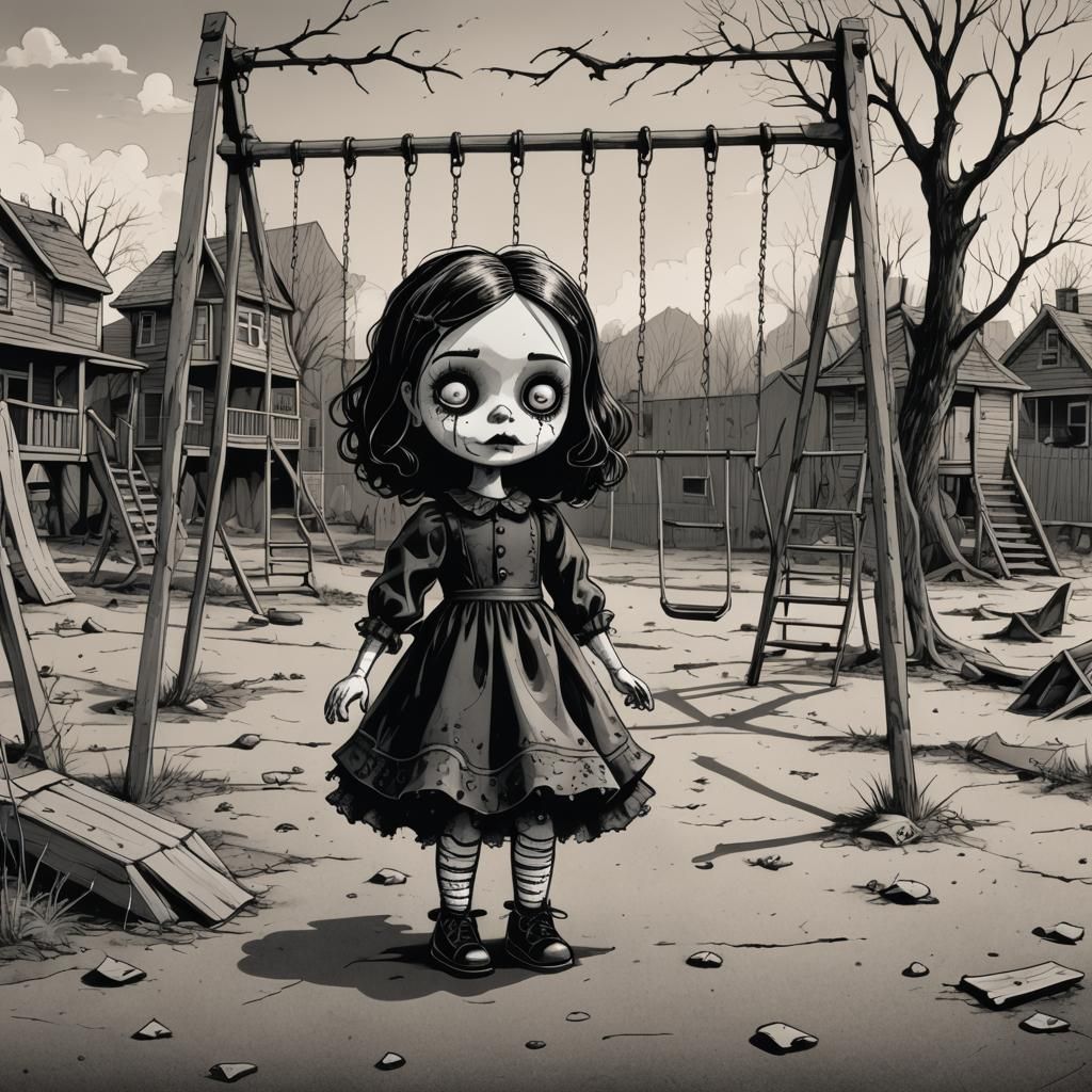 an illustration of a doll with stitched eyes and mouth, inspired by Charles Addams,
standing in a desolate playground, w...