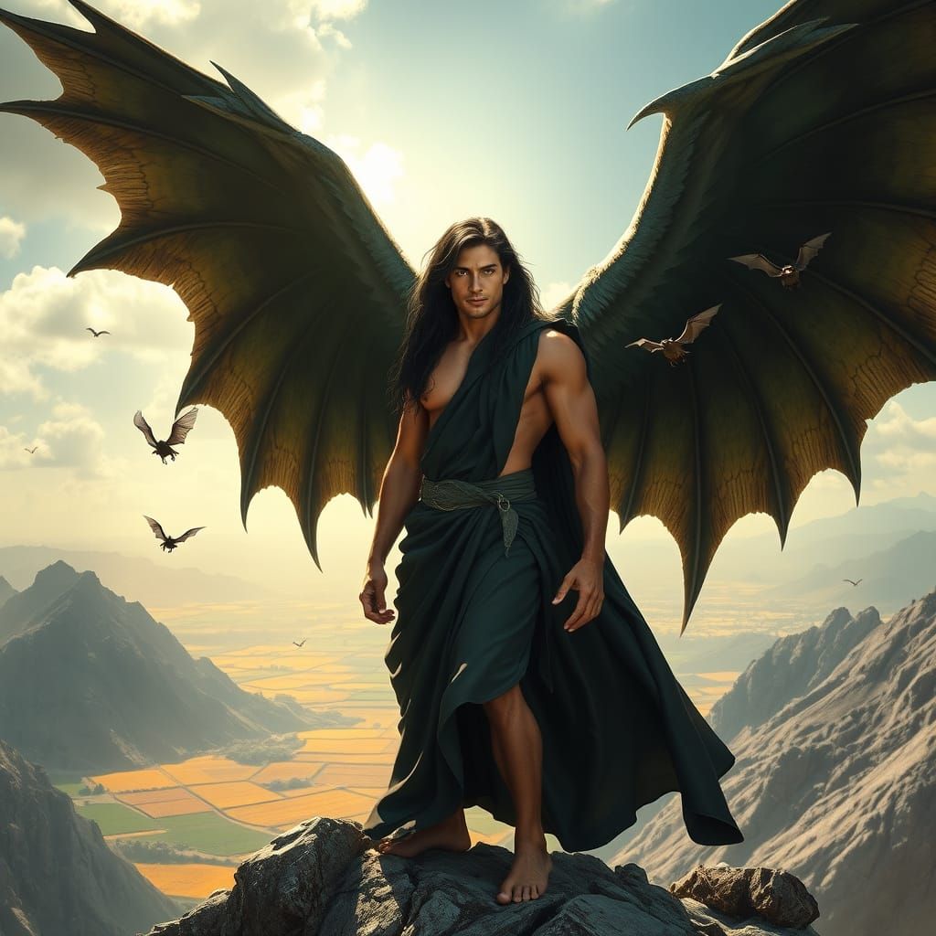 Chiseled Seraphim Angel Stands Majestically on Mountain Peak