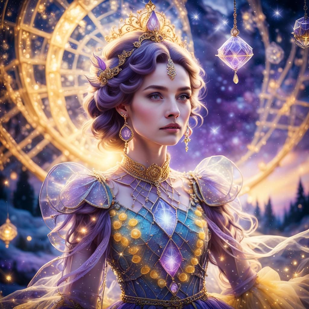 Ethereal Woman in Glass Dress Against Night Sky