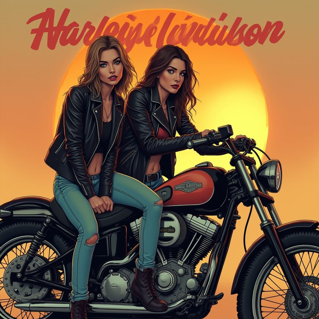 Female Bikers at Sunset in Syd Mead Style