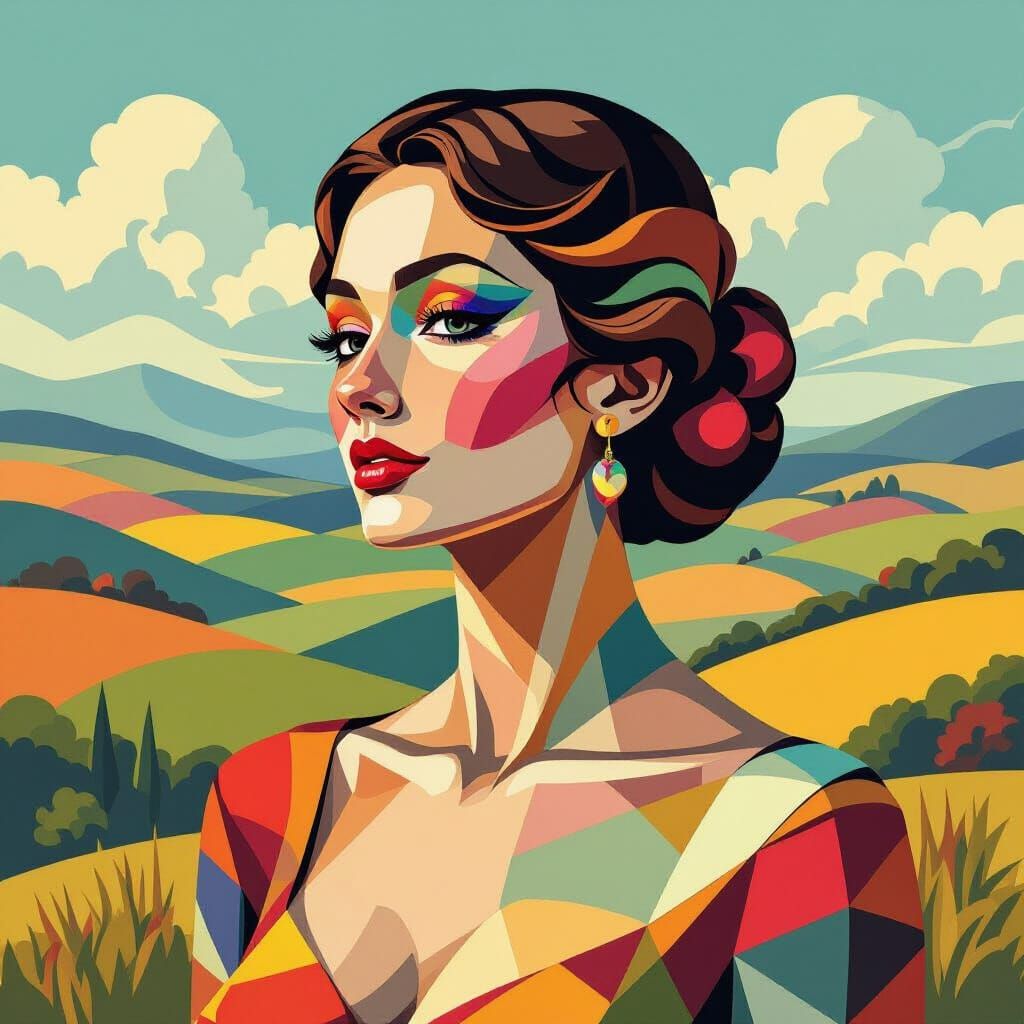 Hills Formed as Woman's Body in Cubist Art Deco Style