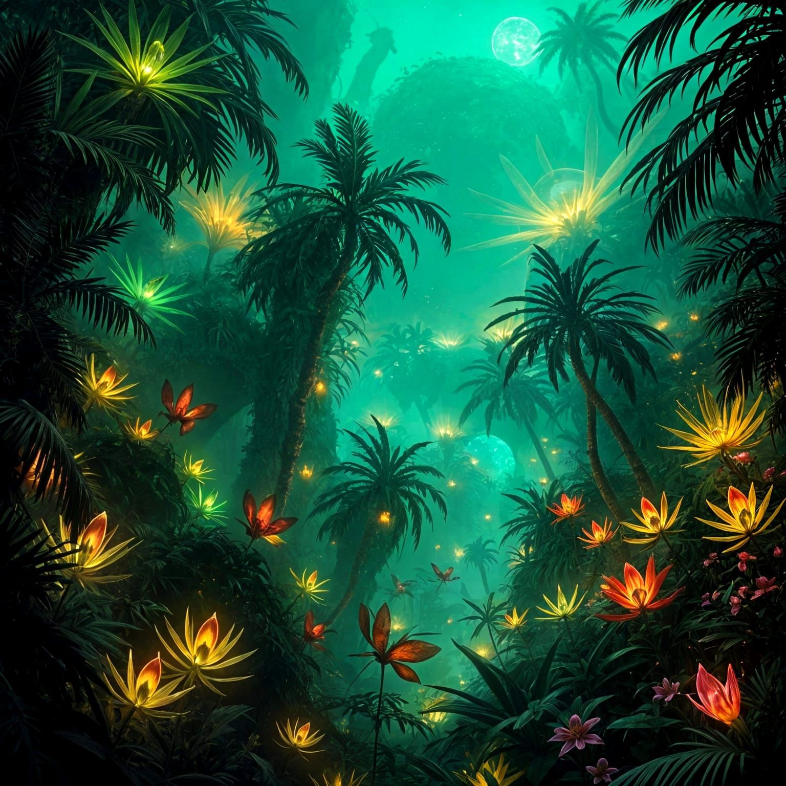 Surreal Jungle Ecosystem Illuminated in a Mysterious, Dreaml...