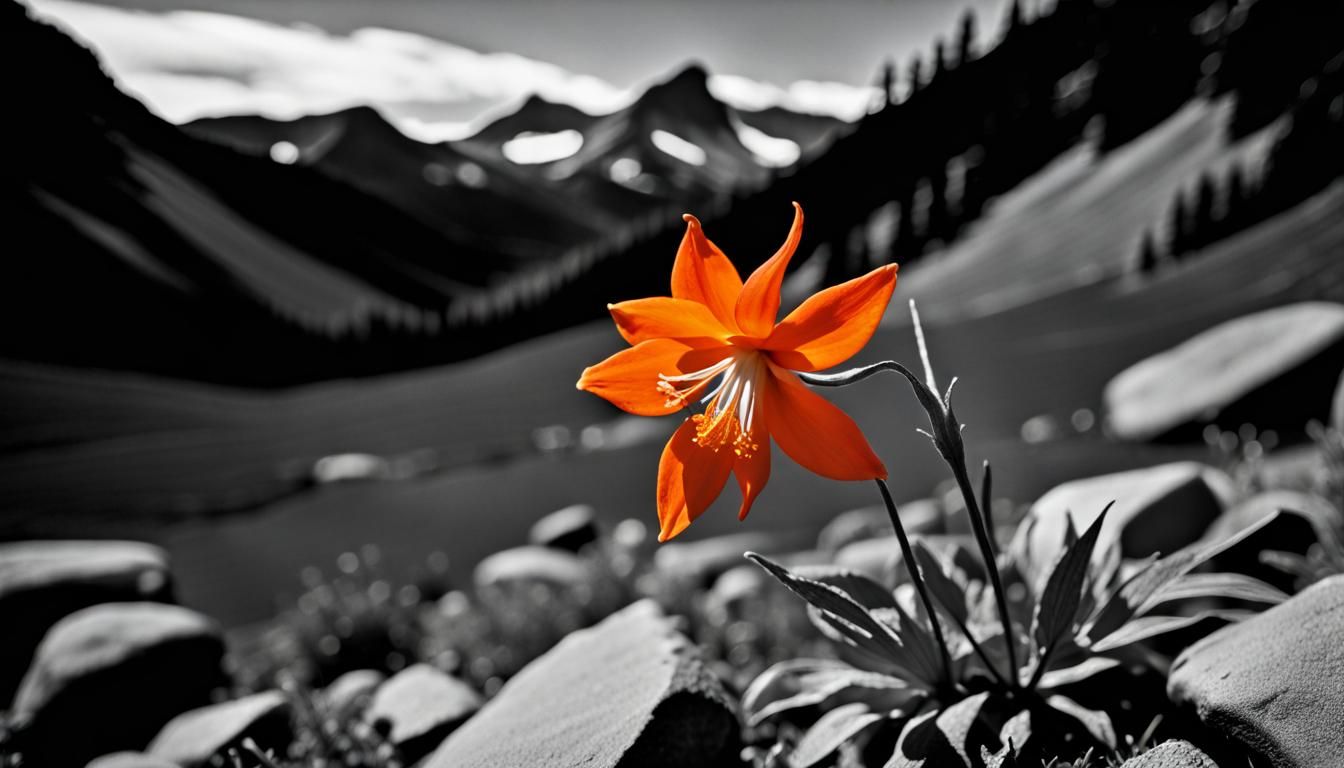 Monochrome Landscape with Orange Flower in Silver Print