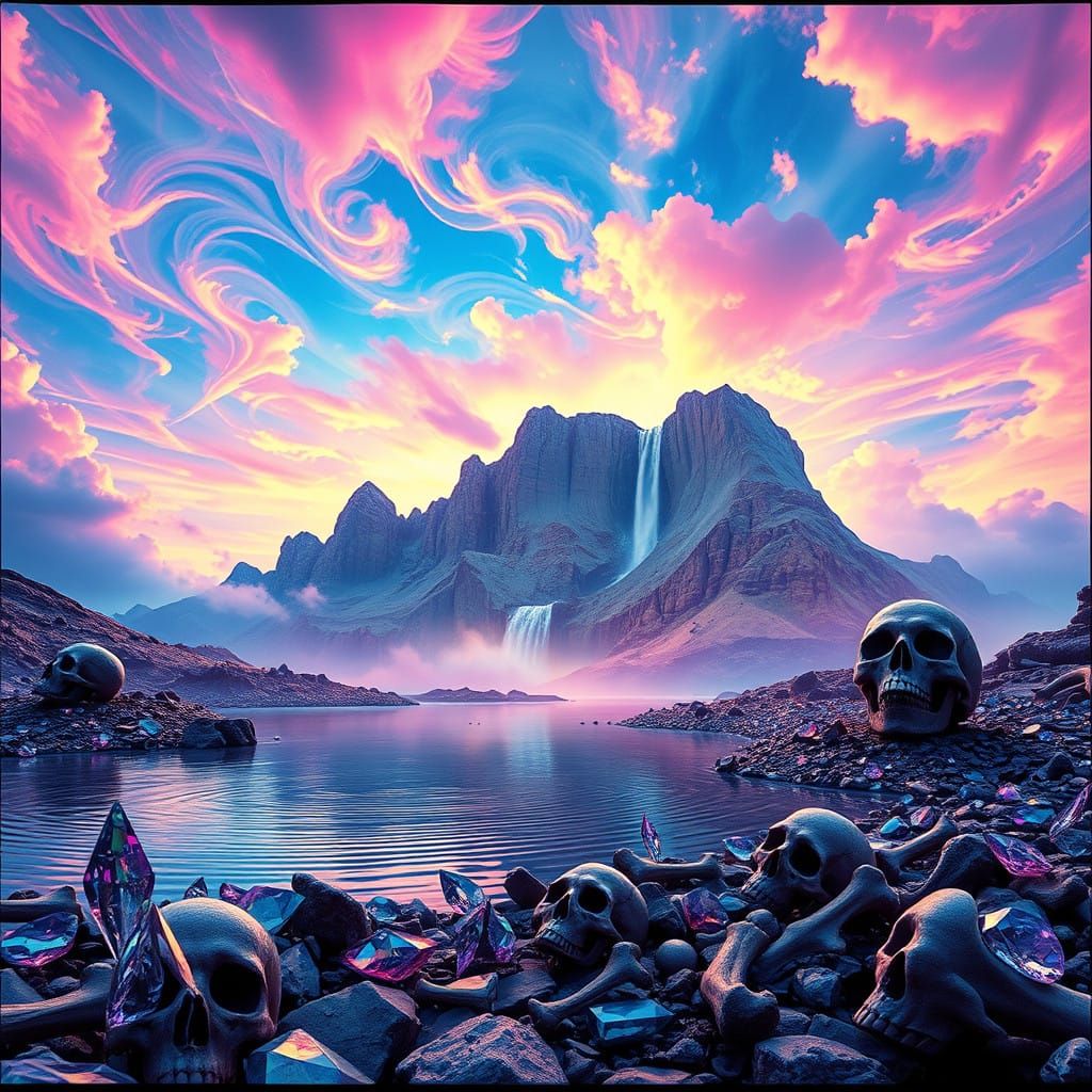 Ethereal Landscape of Iridescent Jewels and Ancient Skulls