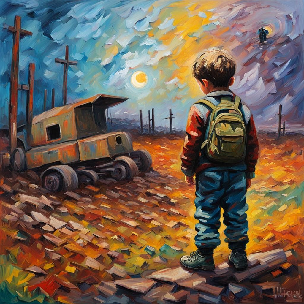 Child Views Post-Apocalyptic Scene as Expressionist Oil Pain...