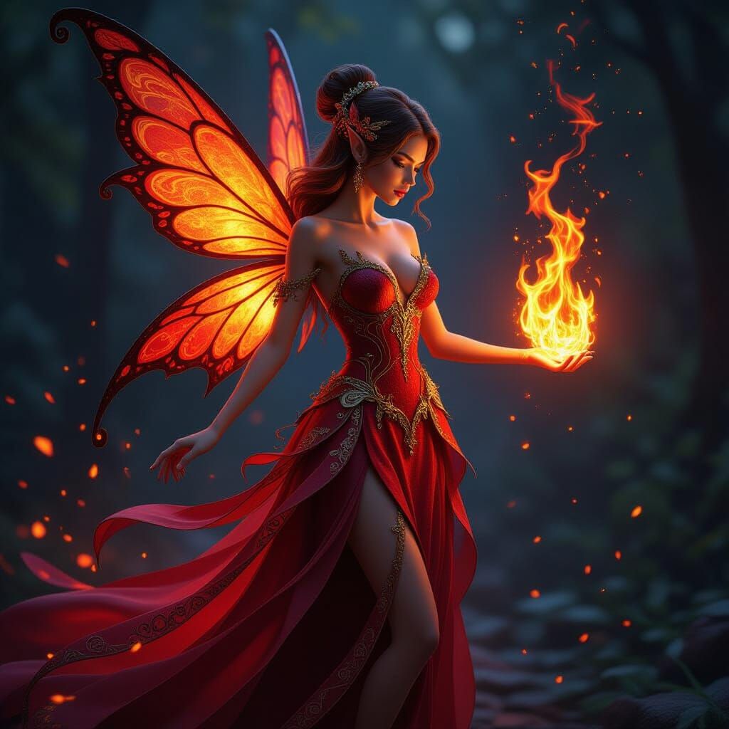 Fiery Fairy in Intricate Dress, Detailed Matte Painting