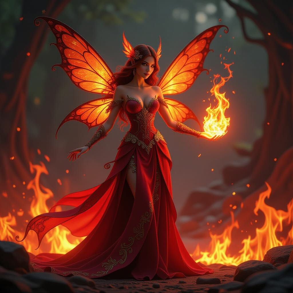 Fire Fairy in Intricate Dress, Fantasy Concept Art