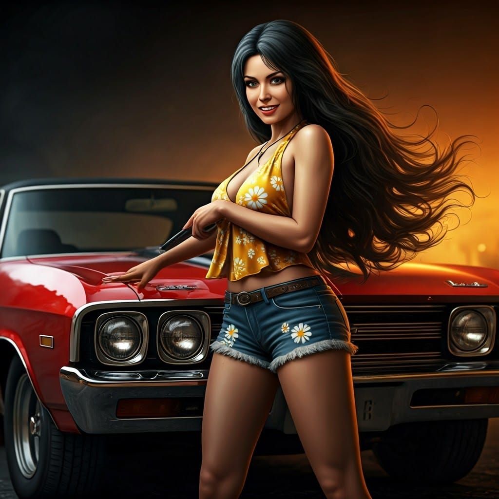 1970s Woman Washing a 1968 Chevelle in Vargas Style