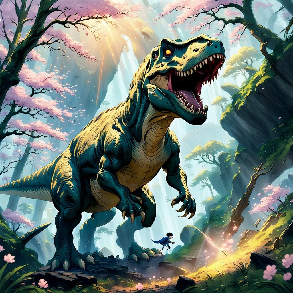 T-Rex Cliff Fall in Whimsical Anime Style