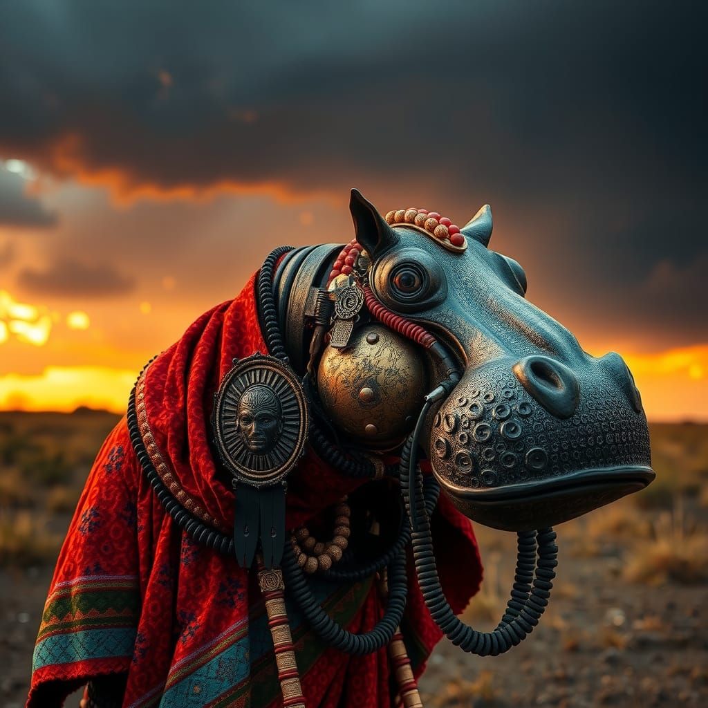 Afrofuturist Masai Cyborg Hippo in Golden Hour