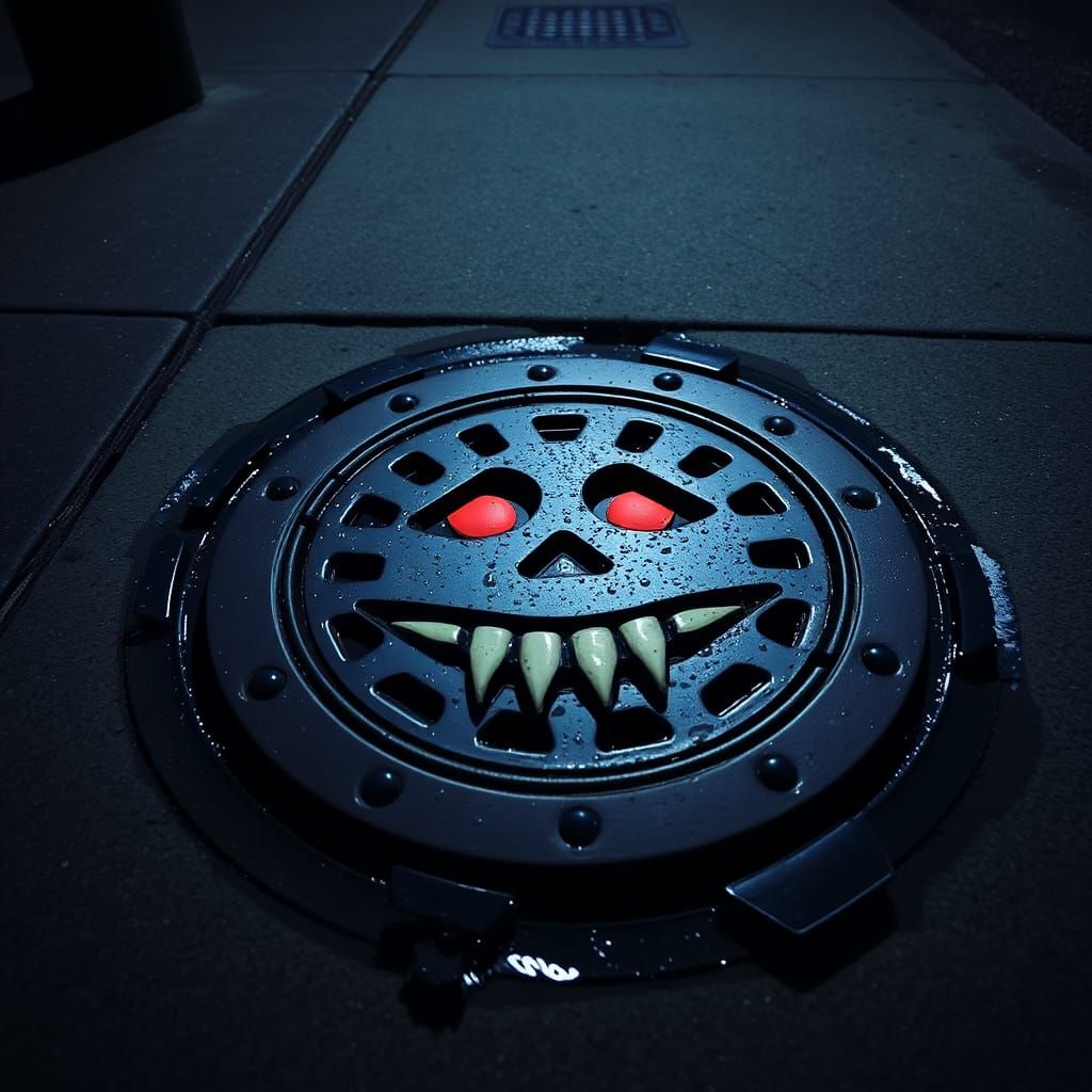 Dark Alleyway Manhole Gapes with Menacing Red Eyes