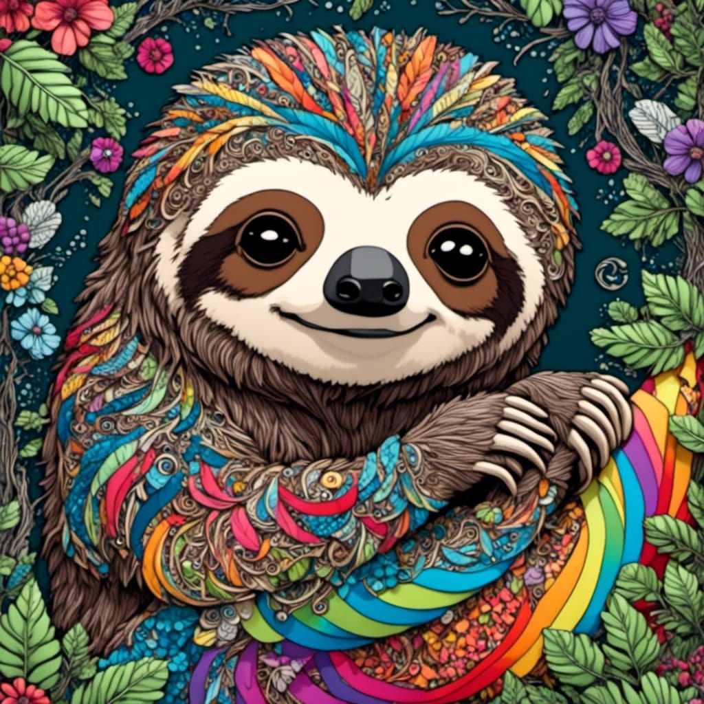 Rainbow Zentangle Sloth in the Woods