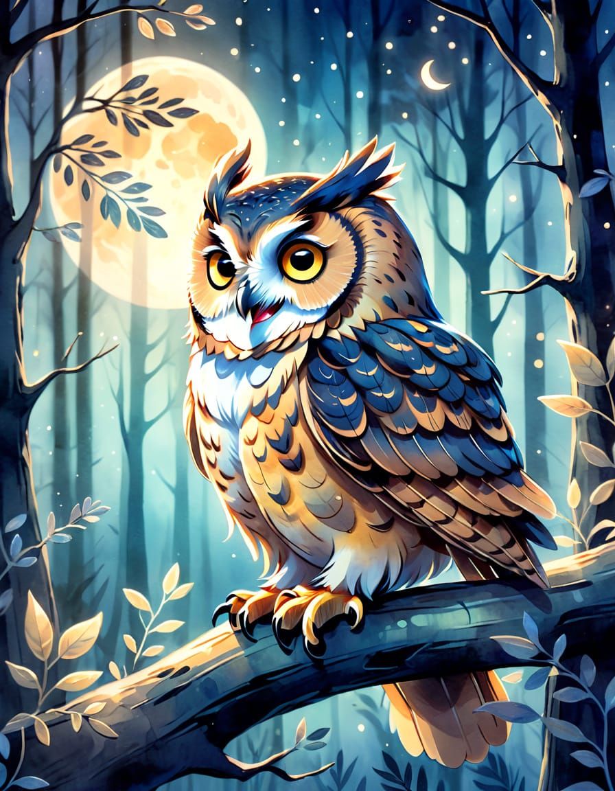 Laughing Owl in Dreamlike Watercolor Forest