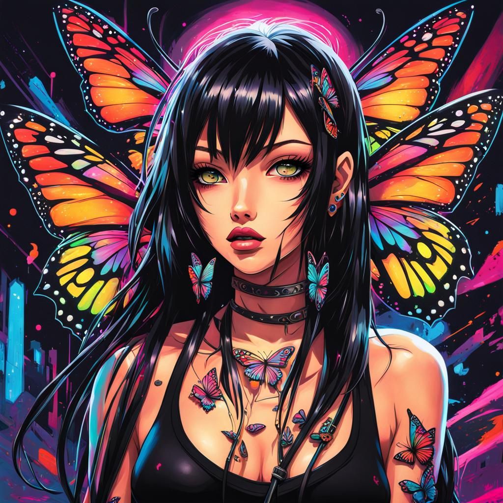 Anime Girl with Butterfly Tattoo in Graffiti Art Style