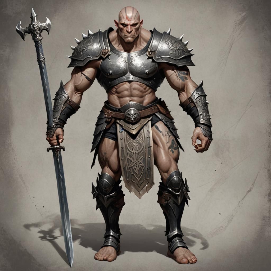 Hairless Goliath Warrior in Full Plate Armor