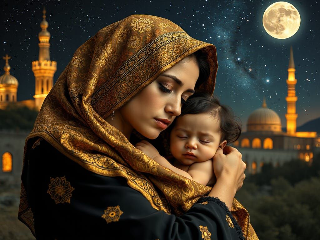 Mother and Child in Elegant Veil, Under Starry Night Sky